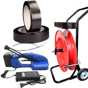 ערכת קשירה מפלסטיק JET 12-16 מ"מ PET/PP עם סוללה, מטען, סרט קשירה PP 12 מ"מ, עגלת סרט קשירה