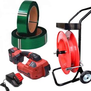ערכת קשירה פלסטיק TITAN 10-16mm PET/PP עם סוללה, מטען, סרט קשירה PET 12mm, עגלת סרט