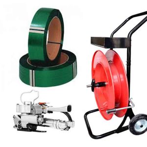 ערכת קשירה פנאומטית AIR19 13-19 mm PET/PP עם סרט קשירה PET 15.5 mm, עגלת סרט קשירה