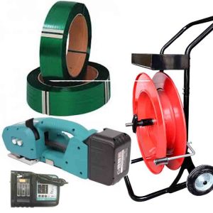 ערכת קשירה פוליאסטר NEO 9-16mm PET/PP עם סוללה, מטען, סרט קשירה PET 15.5mm, עגלת סרט קשירה